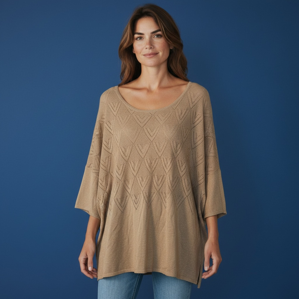 Avenue Metallic Shimmer Pointelle Knit Batwing Jumper Top Beige Size 22/24